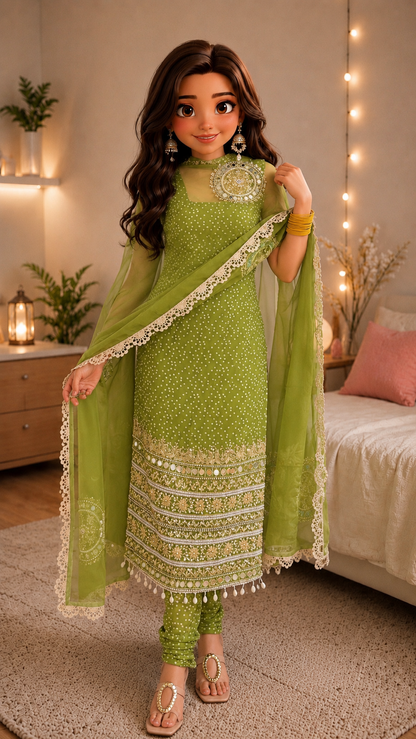 Premium Bandhani Faux Georgette Mirror Work Kurti Set With Churidar & Dupatta