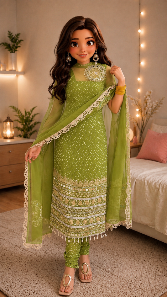 Premium Bandhani Faux Georgette Mirror Work Kurti Set With Churidar & Dupatta