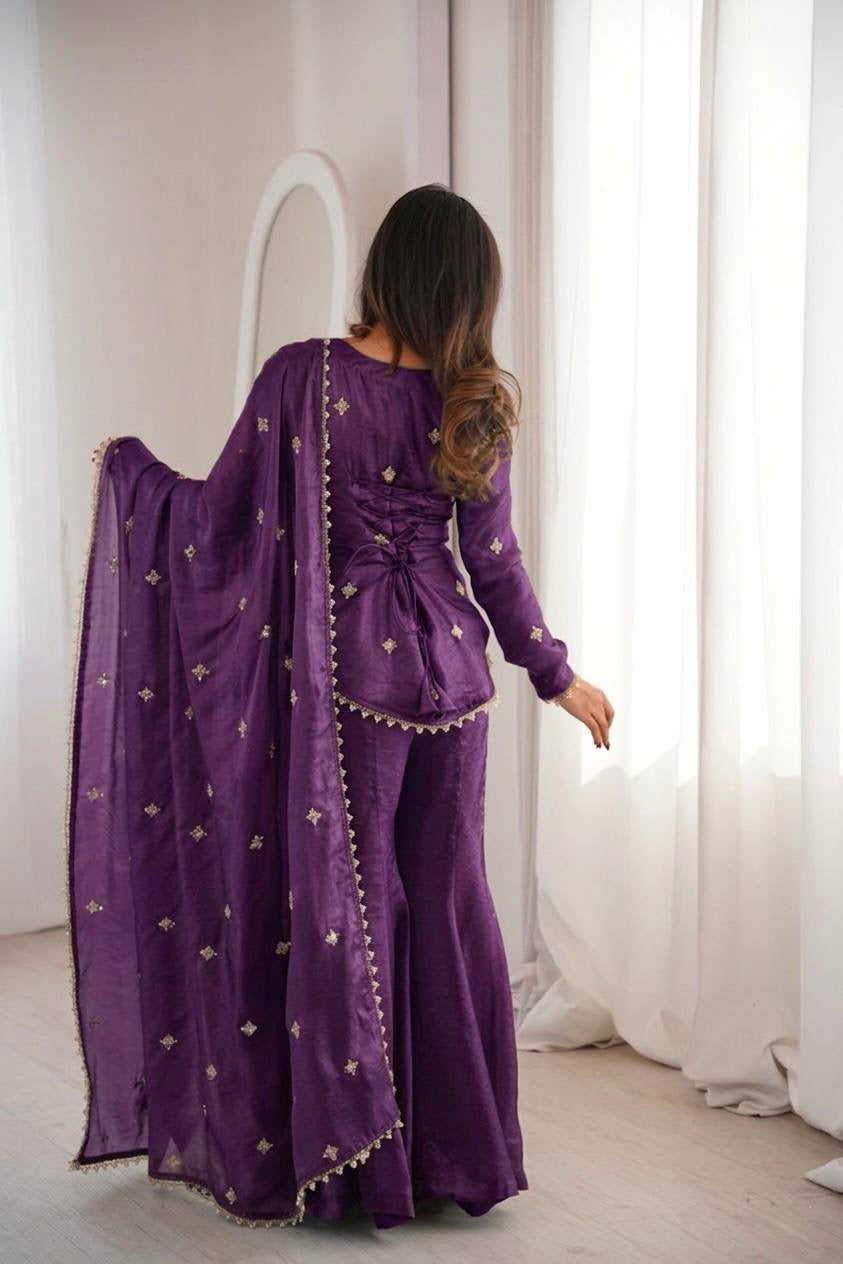 Premium Fendy Silk Embroidered Sharara Palazzo Set With Dupatta