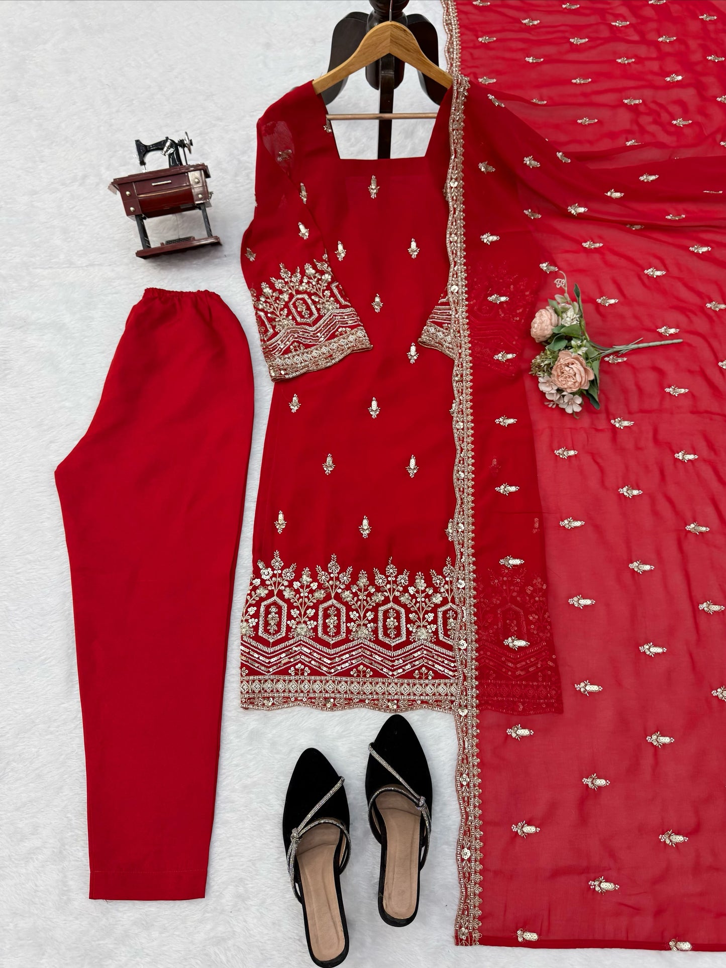 Premium Faux Georgette Beads Sequence Thread Work Suit Set With Dupatta