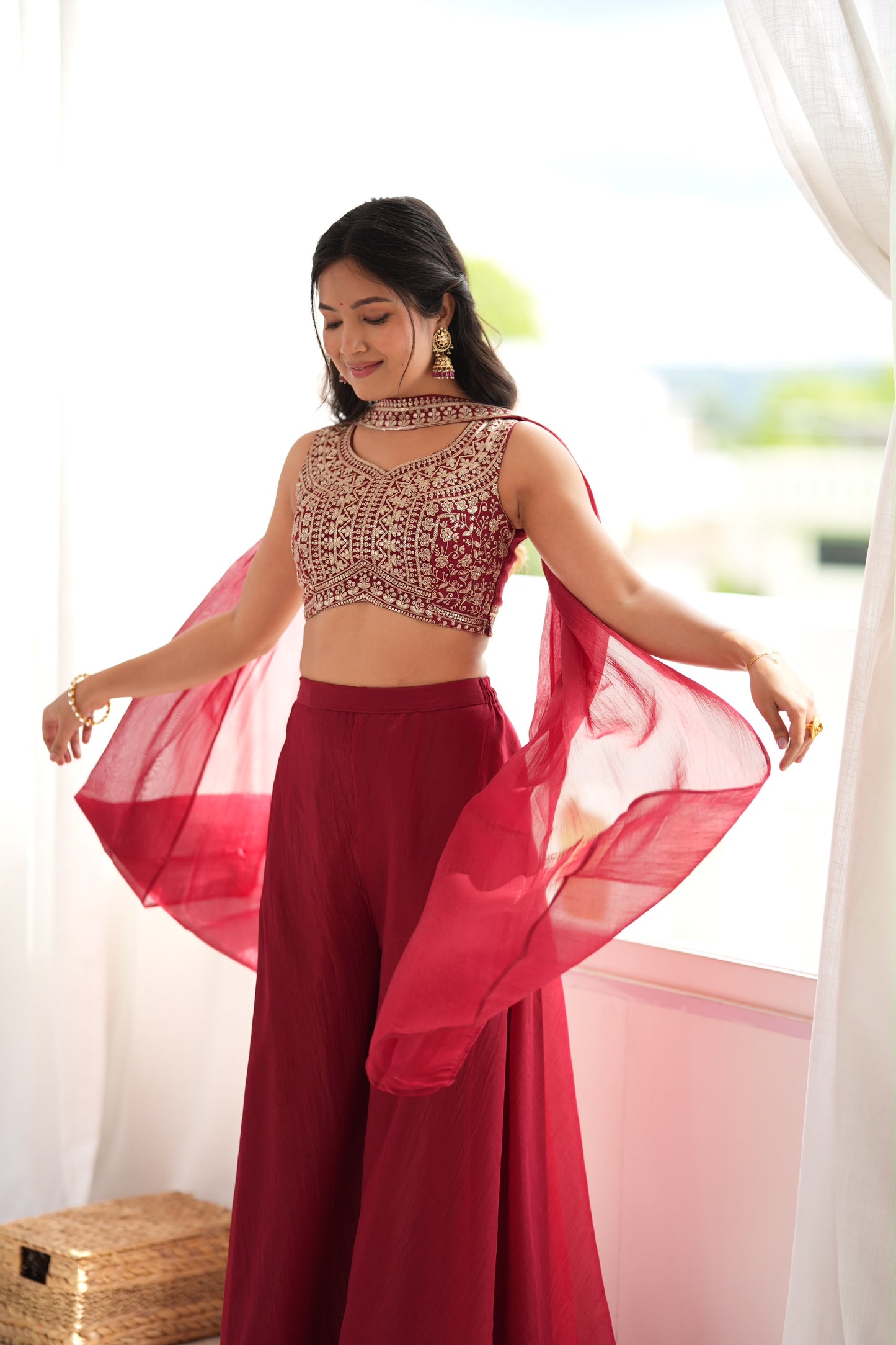 Designer Indo-Western Crunchy Silk Crop Top Palazzo Set