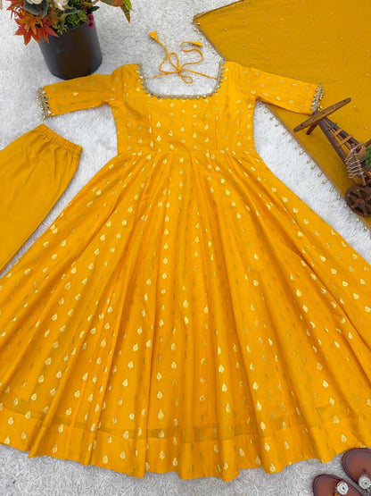 Chanderi Jacquard Butti Real Mirror Anarkali Set