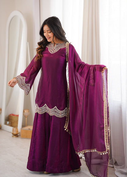 Premium Fendy Silk Mirror Work Top Sharara Set With Dupatta