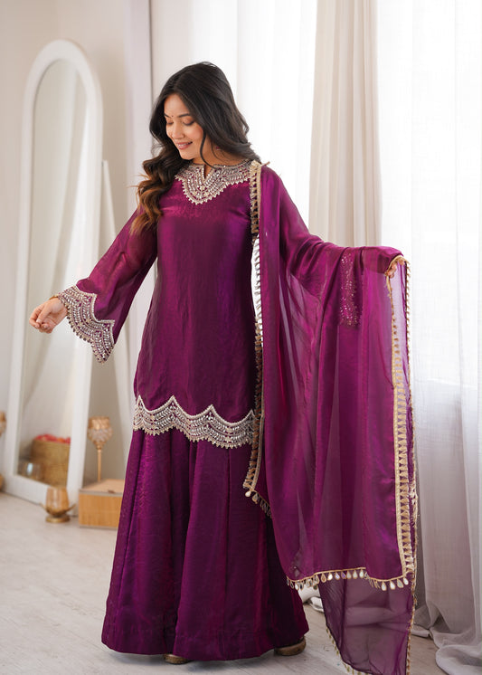 Premium Fendy Silk Mirror Work Top Sharara Set With Dupatta