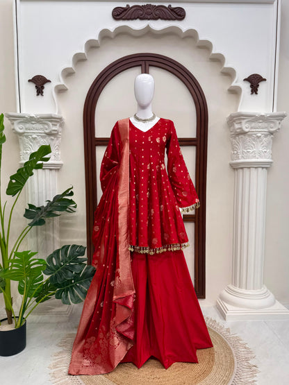 Satin Silk Kurta Set with Palazzo and Dupatta