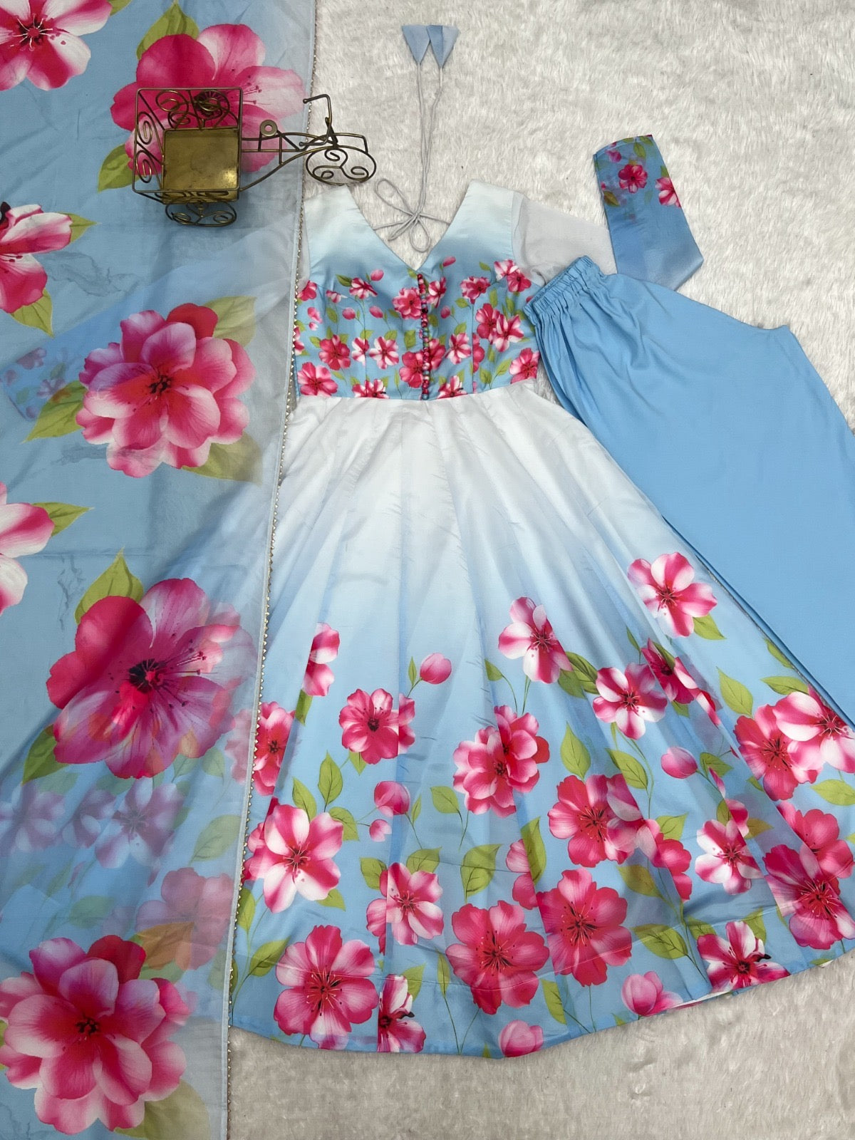 Premium Organza Silk Floral Print Anarkali Set With Gota Patti Dupatta
