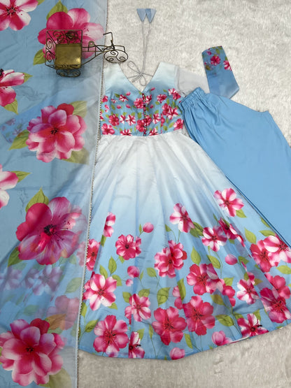 Premium Organza Silk Floral Print Anarkali Set With Gota Patti Dupatta