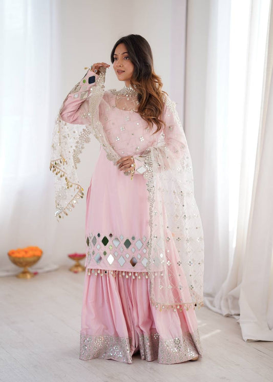 French Crepe Top, Sharara & Dupatta Set