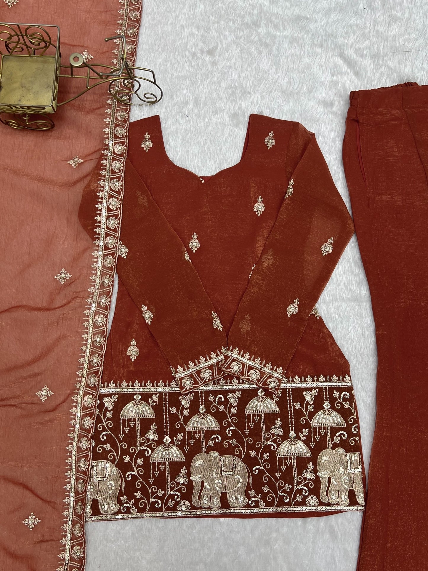 Crunchy Silk Embroidered Kurta Set with Bell Bottom and Dupatta