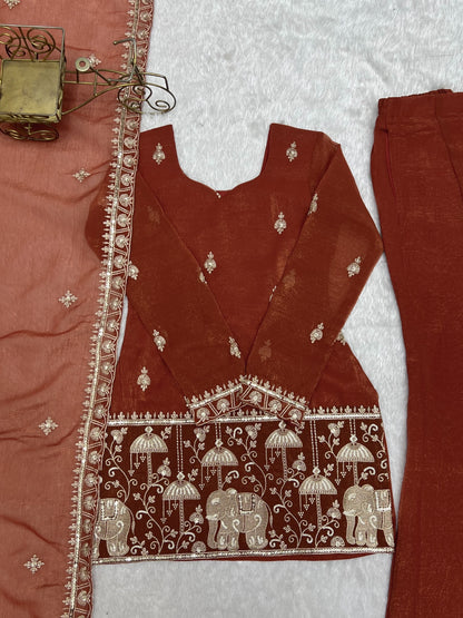 Crunchy Silk Embroidered Kurta Set with Bell Bottom and Dupatta