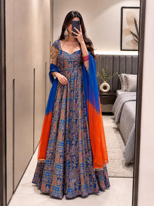 Premium Jimmy Organza Silk Digital Printed Padded Anarkali Gown With Dupatta
