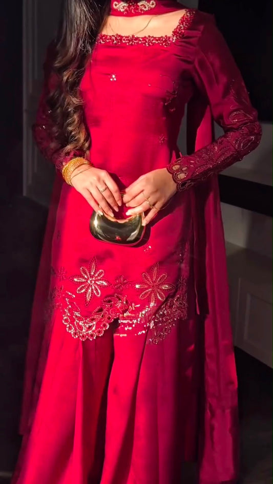 Premium Fendy Silk Thread & Sequence Palazzo Set With Dupatta