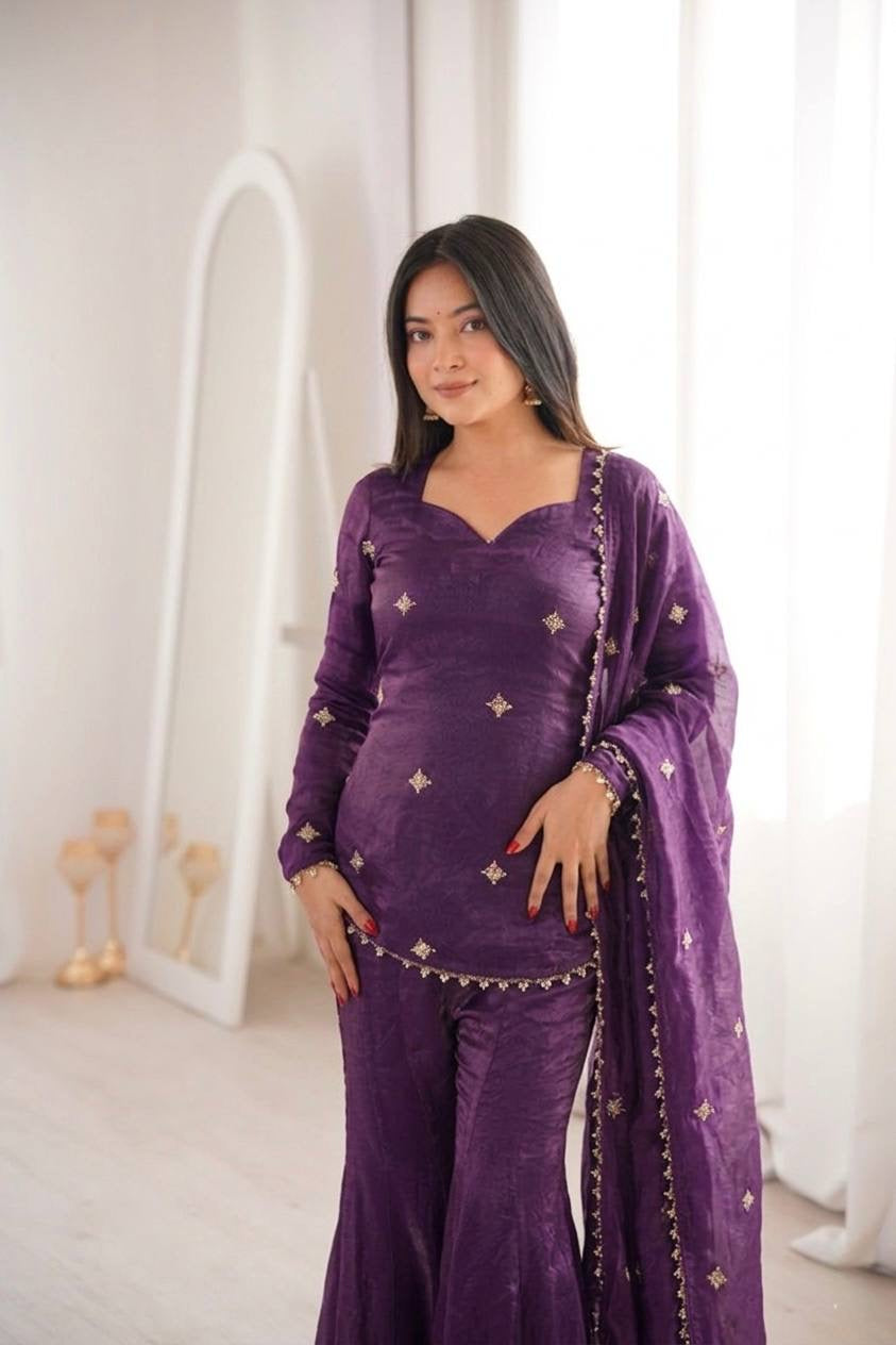 Premium Fendy Silk Embroidered Sharara Palazzo Set With Dupatta