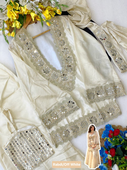Premium Chinon 4 Piece Sharara Suit Set With Mirror
