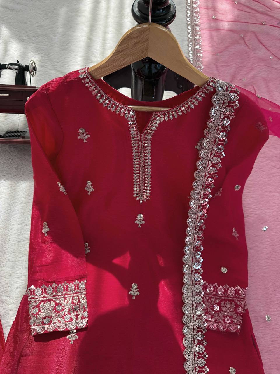 Premium Chinon Silk Thread & Sequence Work Top, Plazzo & Dupatta Set