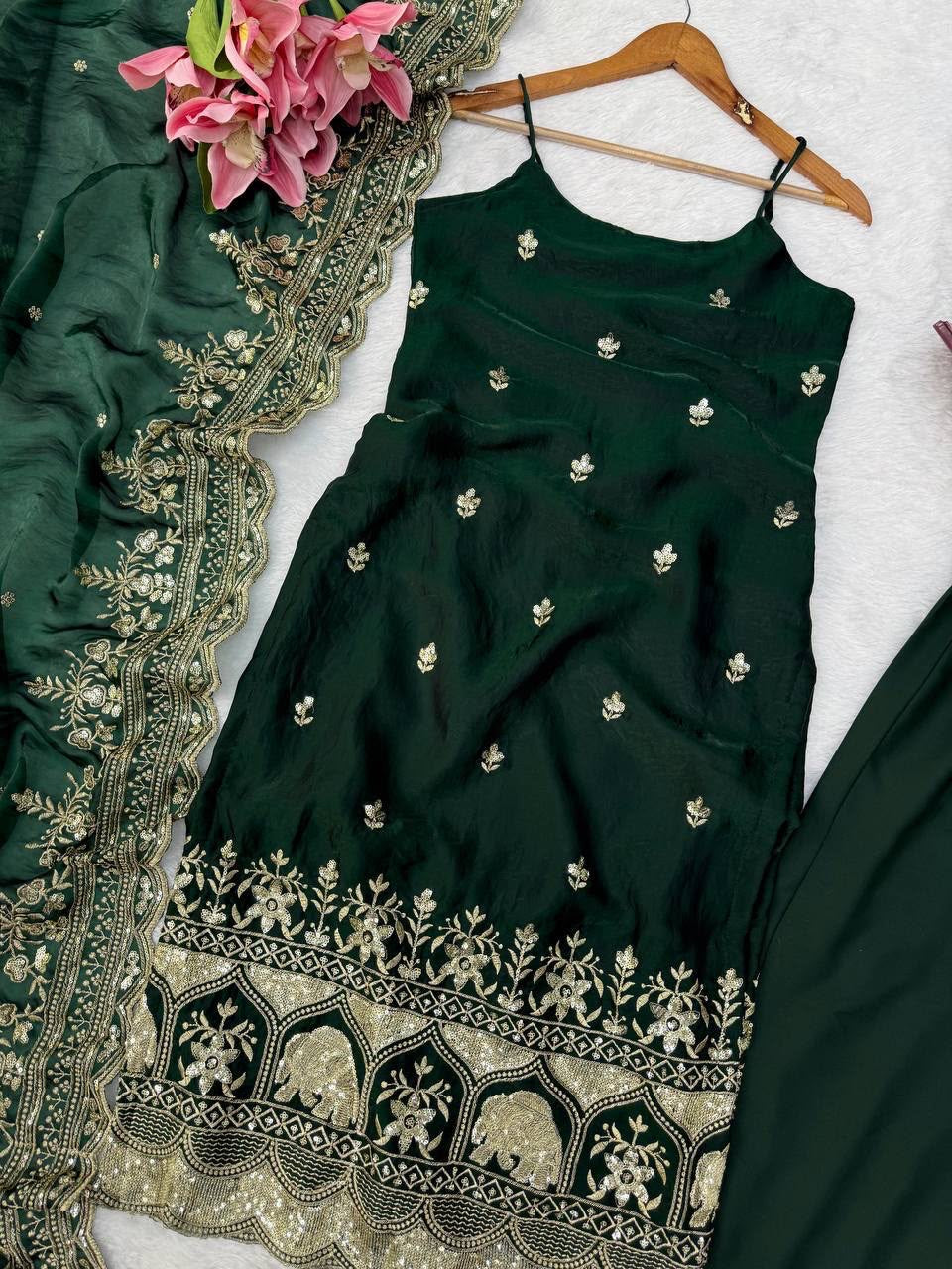 Premium Fendy Silk Thread & Sequence Work Anarkali Set With Dupatta