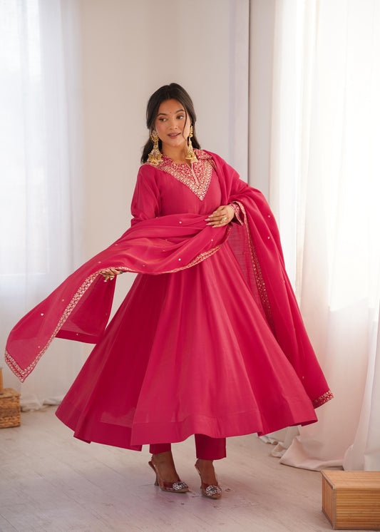 Premium Roman Shimmer Silk Anarkali Set with Dupatta & Pant