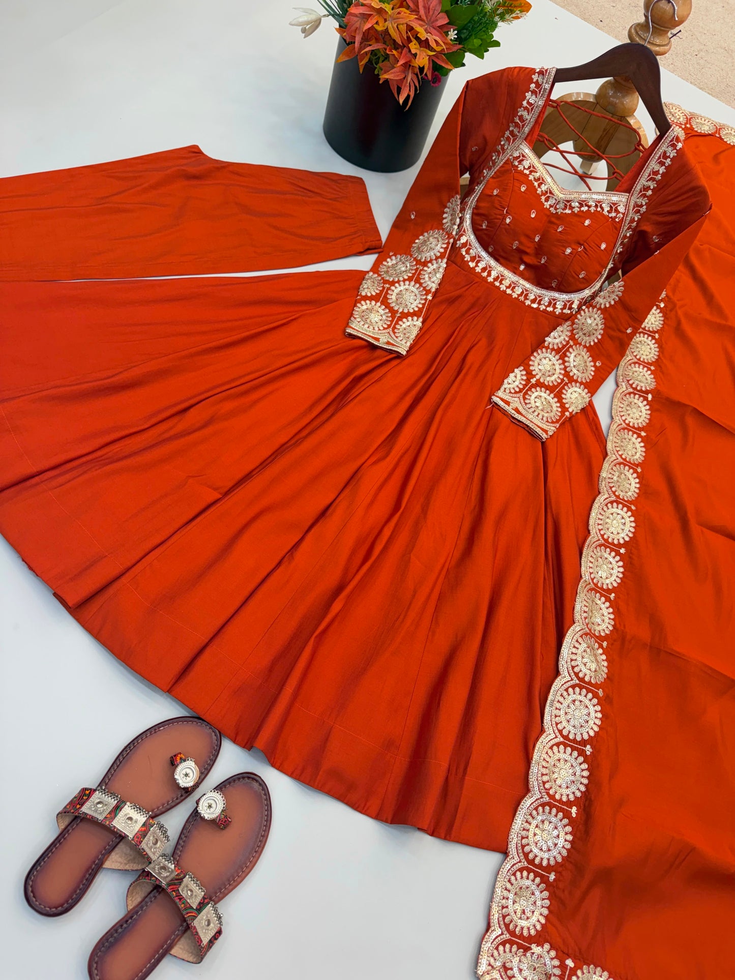 Premium Roman Silk Embroidered Anarkali Set With Chanderi Dupatta