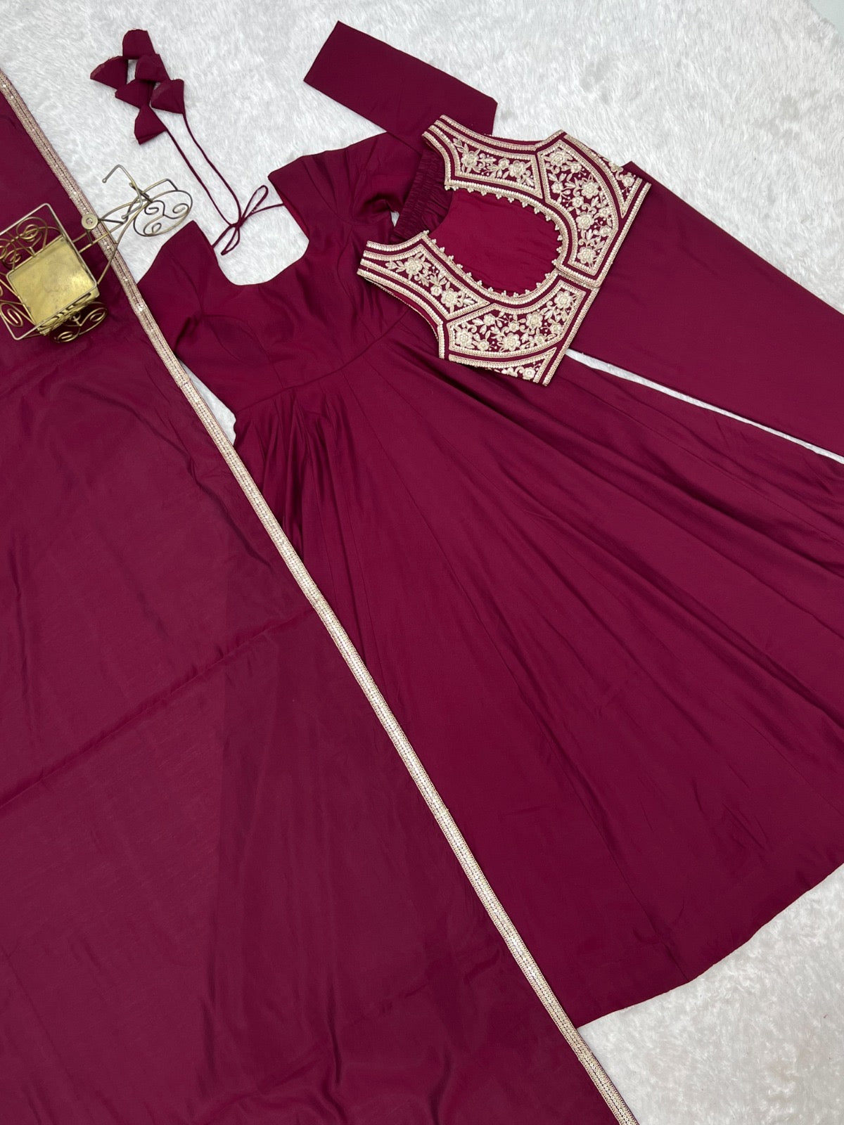 Premium Roman Silk Chanderi Anarkali Gown Set With Fancy Jacket & Dupatta