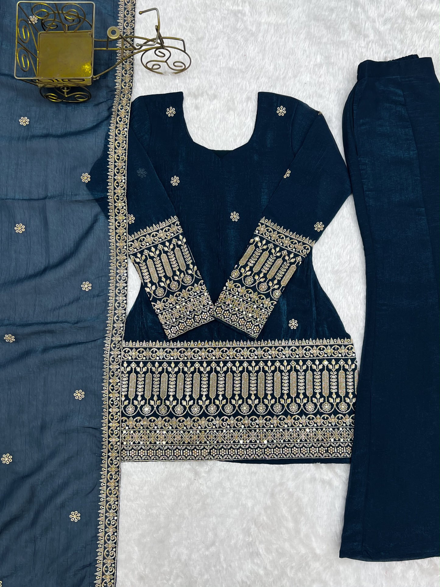 Teal Blue Crunchy Silk Embroidered Kurta Set with Bell Bottom Pant and Dupatta