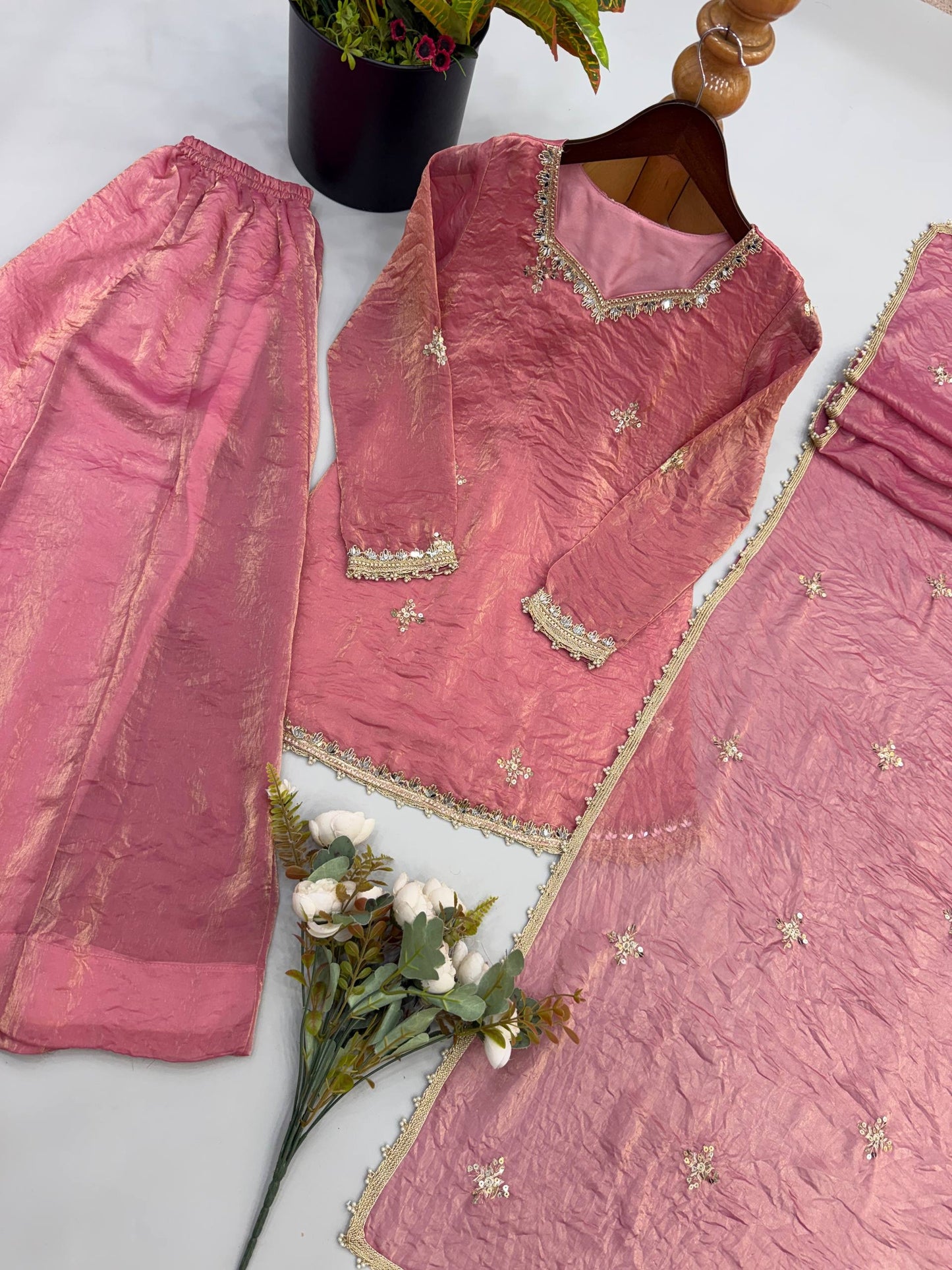 Fendy Silk Embroidery Sequence & Real Mirror Work Sharara Set With Dupatta
