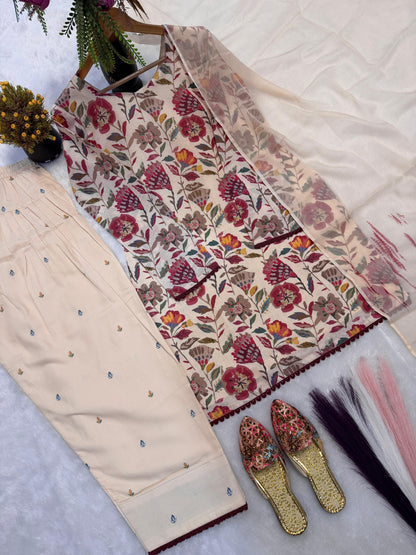 Cambric Cotton Top, Farshi Pant & Dupatta Set
