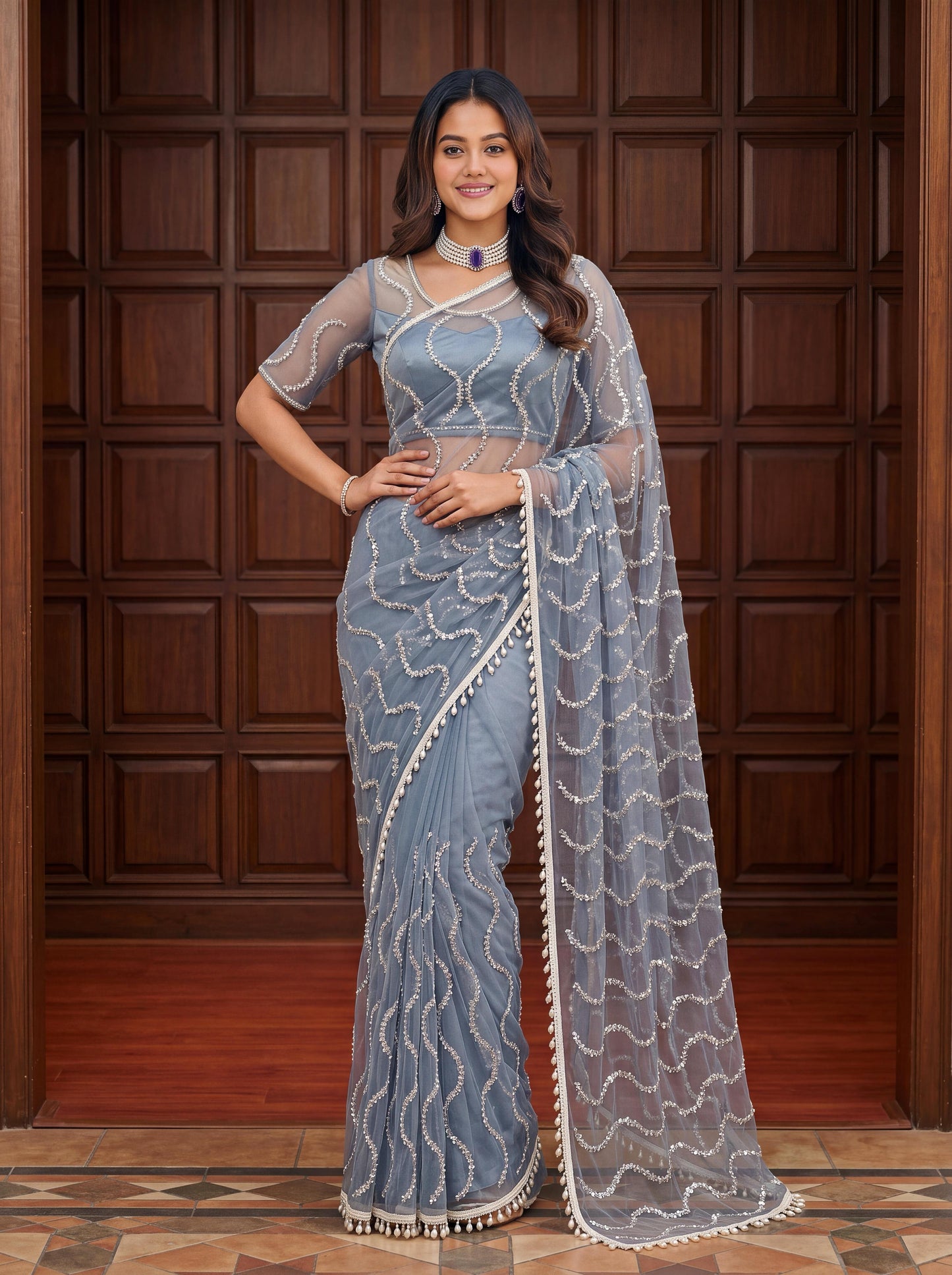 Designer Handwork Net Saree With Beads, Sequence & Pearl Embroidery