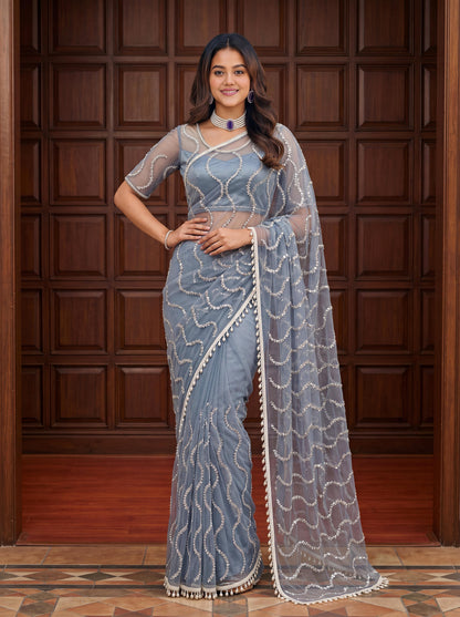 Designer Handwork Net Saree With Beads, Sequence & Pearl Embroidery