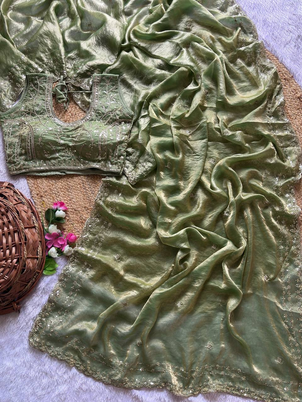 Beautiful Sequence work  Soft Fandy Silk  along with Full Stitched Blouse