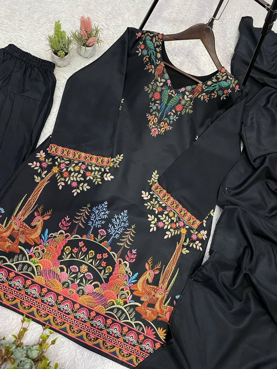 PRINTED ROMAN SEQUENCE EMBROIDERED TOP, PLAZZO & DUPATTA SET