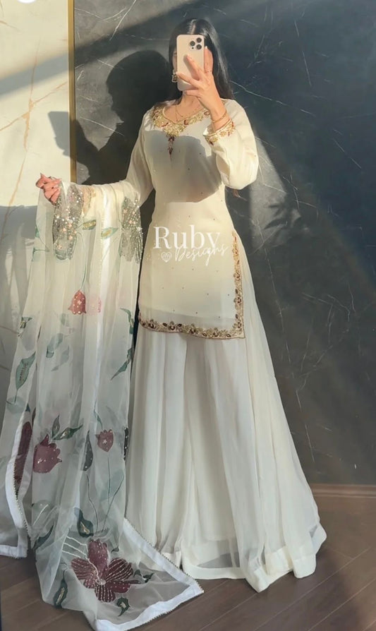 Trending Fox-Georgette Top& Sharara &Dupatta