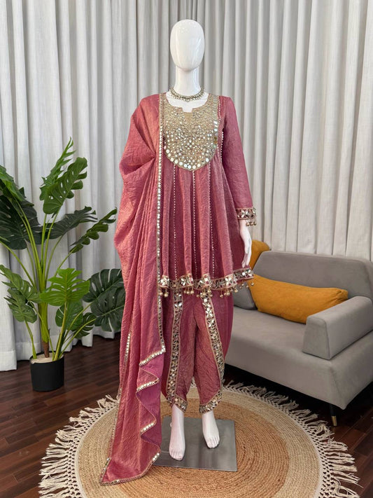 Premium Gold Crush Mirror Work Dhoti Set With Dupatta