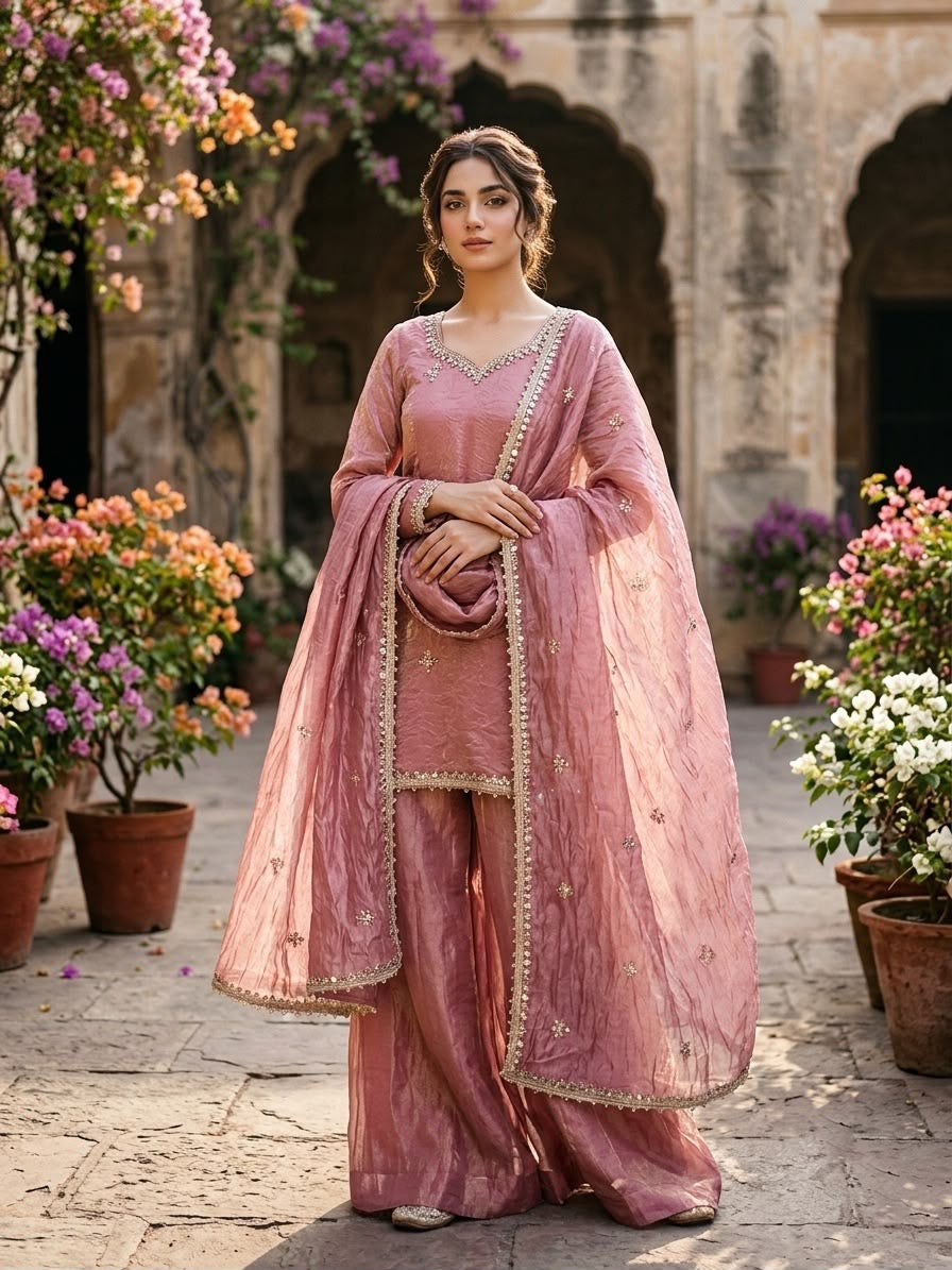 Fendy Silk Embroidery Sequence & Real Mirror Work Sharara Set With Dupatta