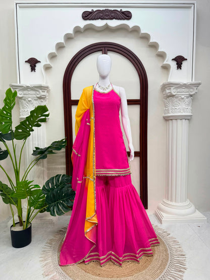 Designer Faux Georgette Digital Print Mirror Work Sharara Set With Dupatta