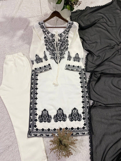 EMBROIDERED ROMAN SILK FABRIC TOP AND PANT WITH DUPATTA PAIR