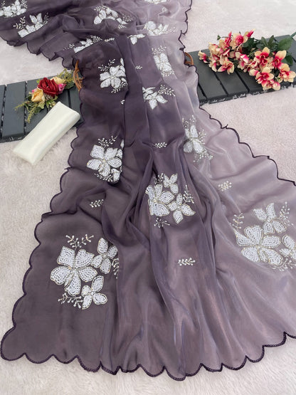 Premium Zimi Chu Sequence Work Saree With Satin Silk Blouse