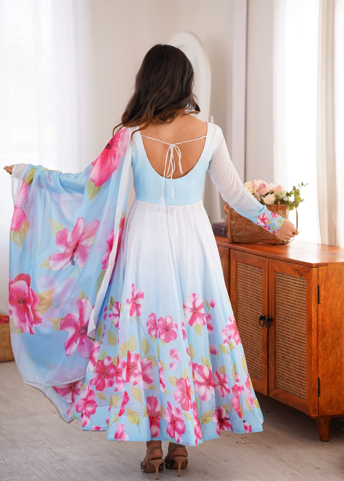 Premium Organza Silk Floral Print Anarkali Set With Gota Patti Dupatta