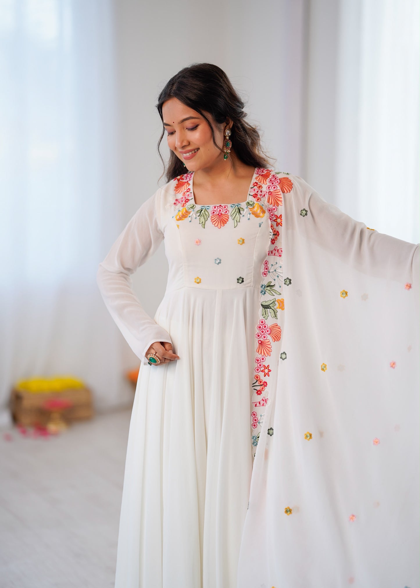 Designer Faux Georgette Embroidered Gown with Pant and Dupatta Set