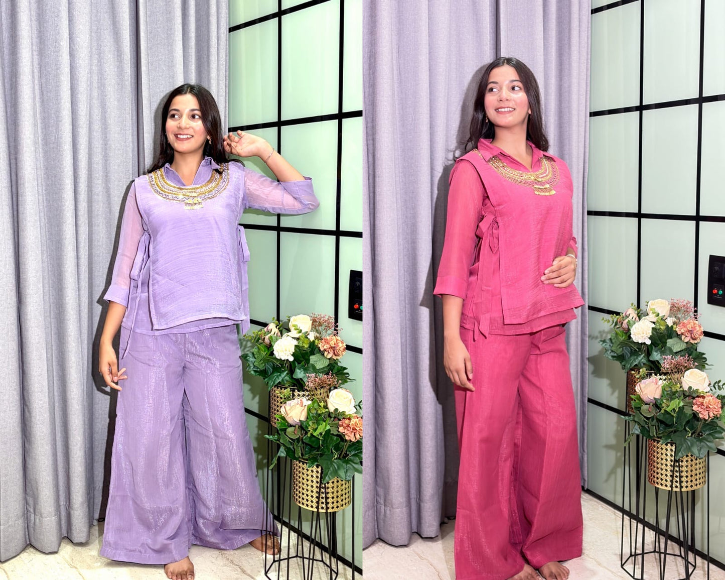 Premium Crunchy Silk Co-Ord Set With Shirt & Plazzo