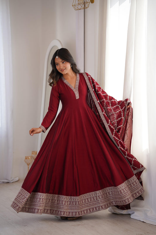 Premium Blooming Vichitra Silk Anarkali Gown Set with Dupatta