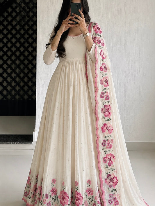 Pure Cinon Silk Gown -Pent  Dupatta Set