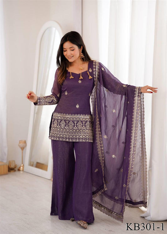 Premium Crunchy Silk Embroidered Bell Bottom Suit Set With Dupatta