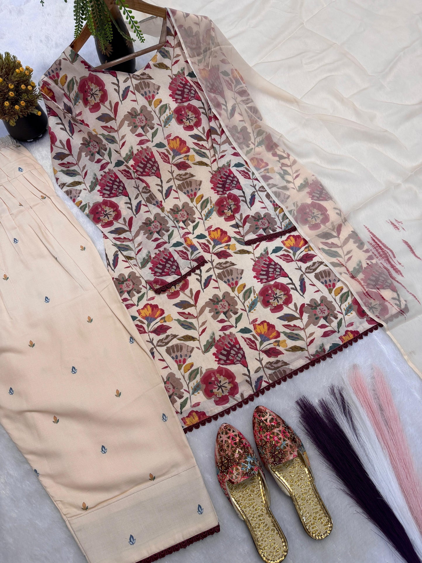 Cambric Cotton Top, Farshi Pant & Dupatta Set