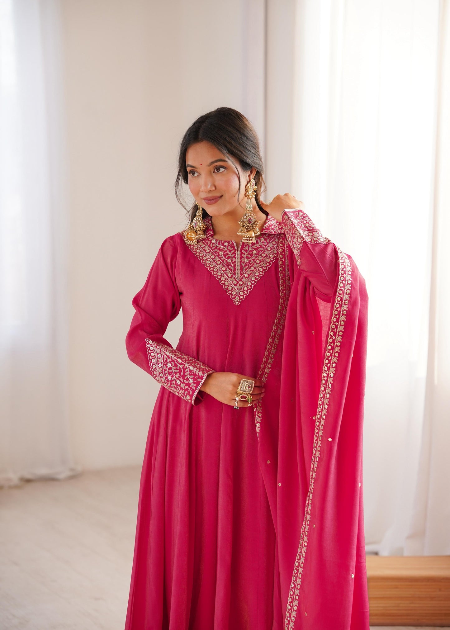 Premium Roman Shimmer Silk Anarkali Set with Dupatta & Pant