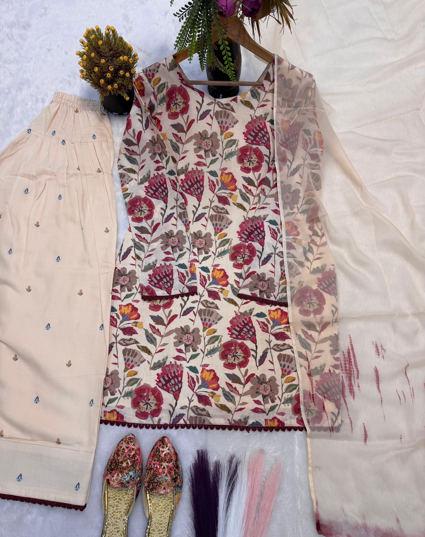 Cambric Cotton Top, Farshi Pant & Dupatta Set