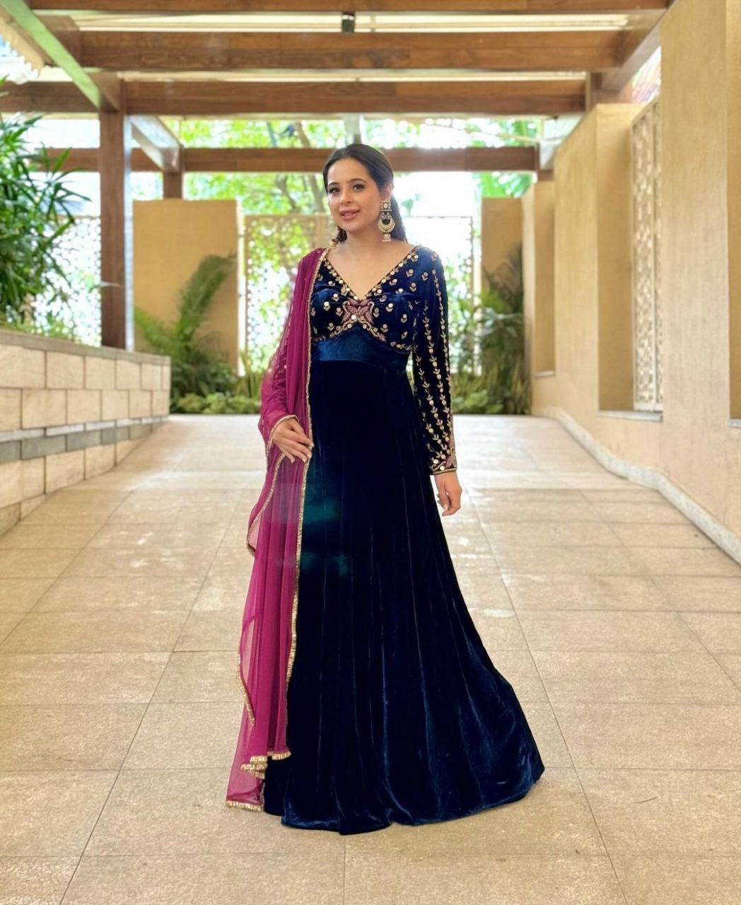 Designer Royal Velvet Anarkali with Lace Dupatta