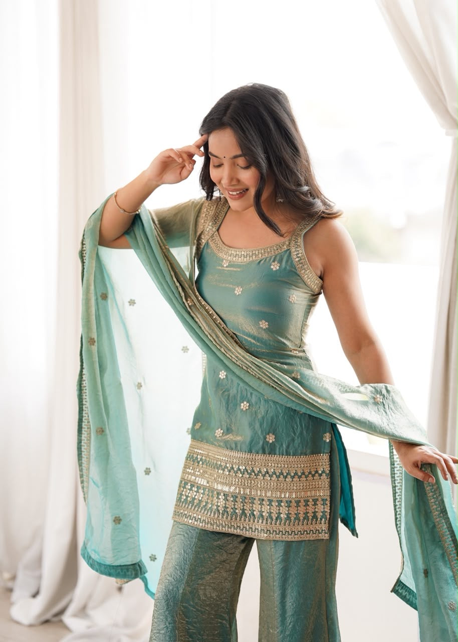 Premium Frendy Silk Embroidered Bell Bottom Suit Set With Dupatta