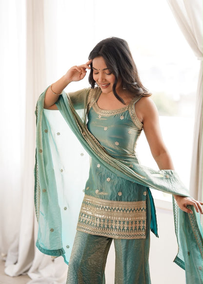 Premium Frendy Silk Embroidered Bell Bottom Suit Set With Dupatta