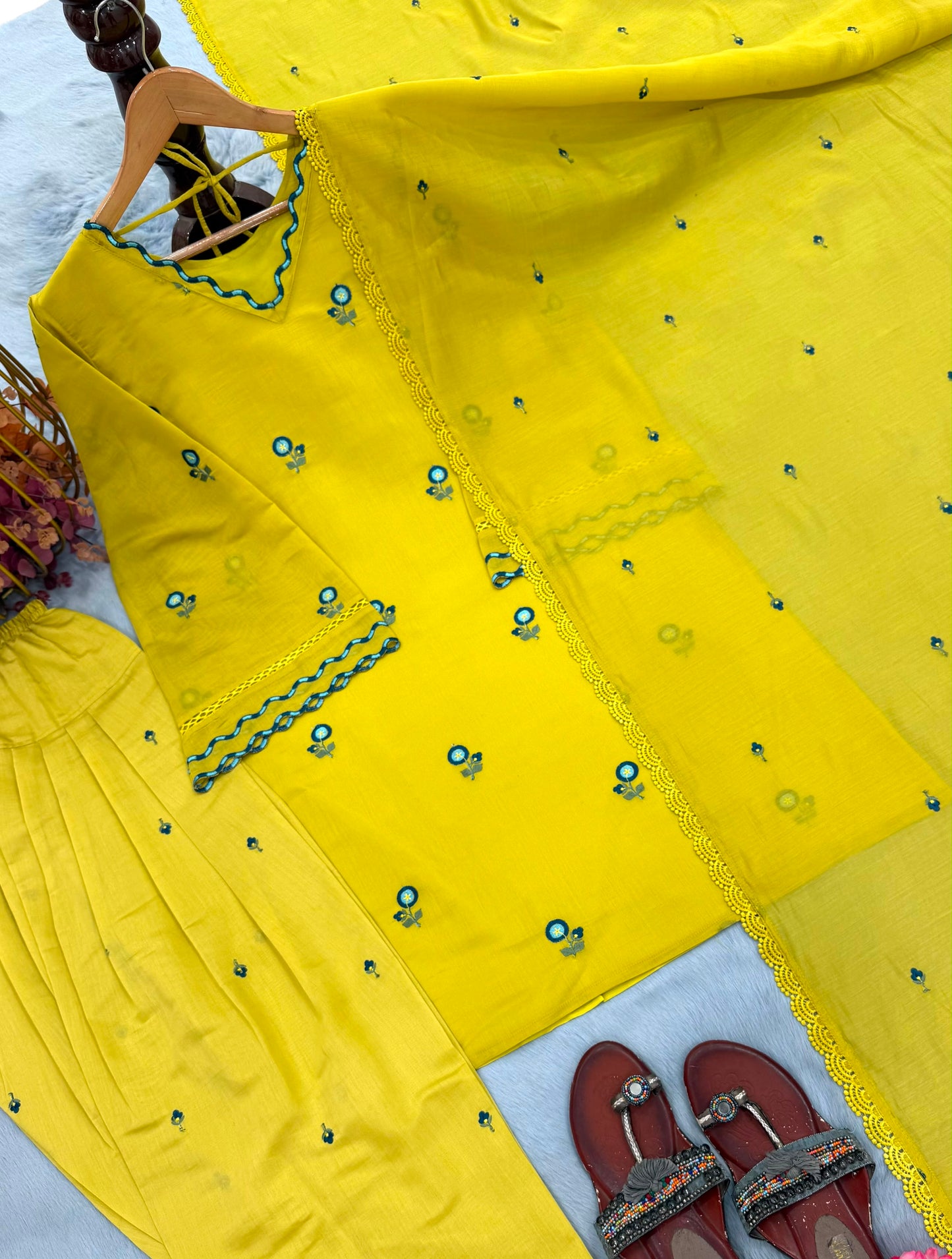 Mul Chanderi Top, Farshi Plazzo & Dupatta Set