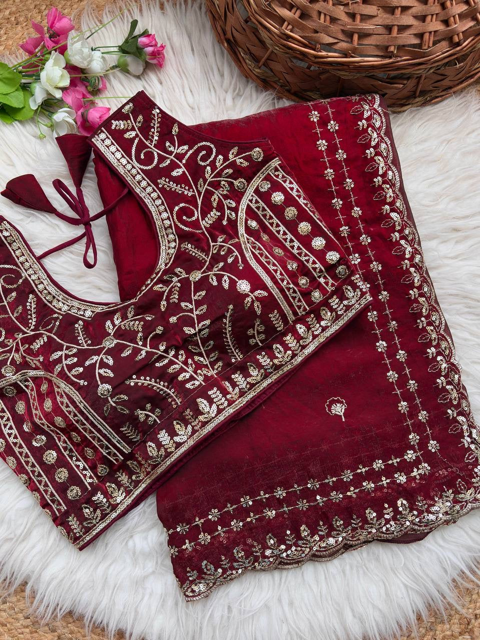 Beautiful Sequence work  Soft Fandy Silk  along with Full Stitched Blouse